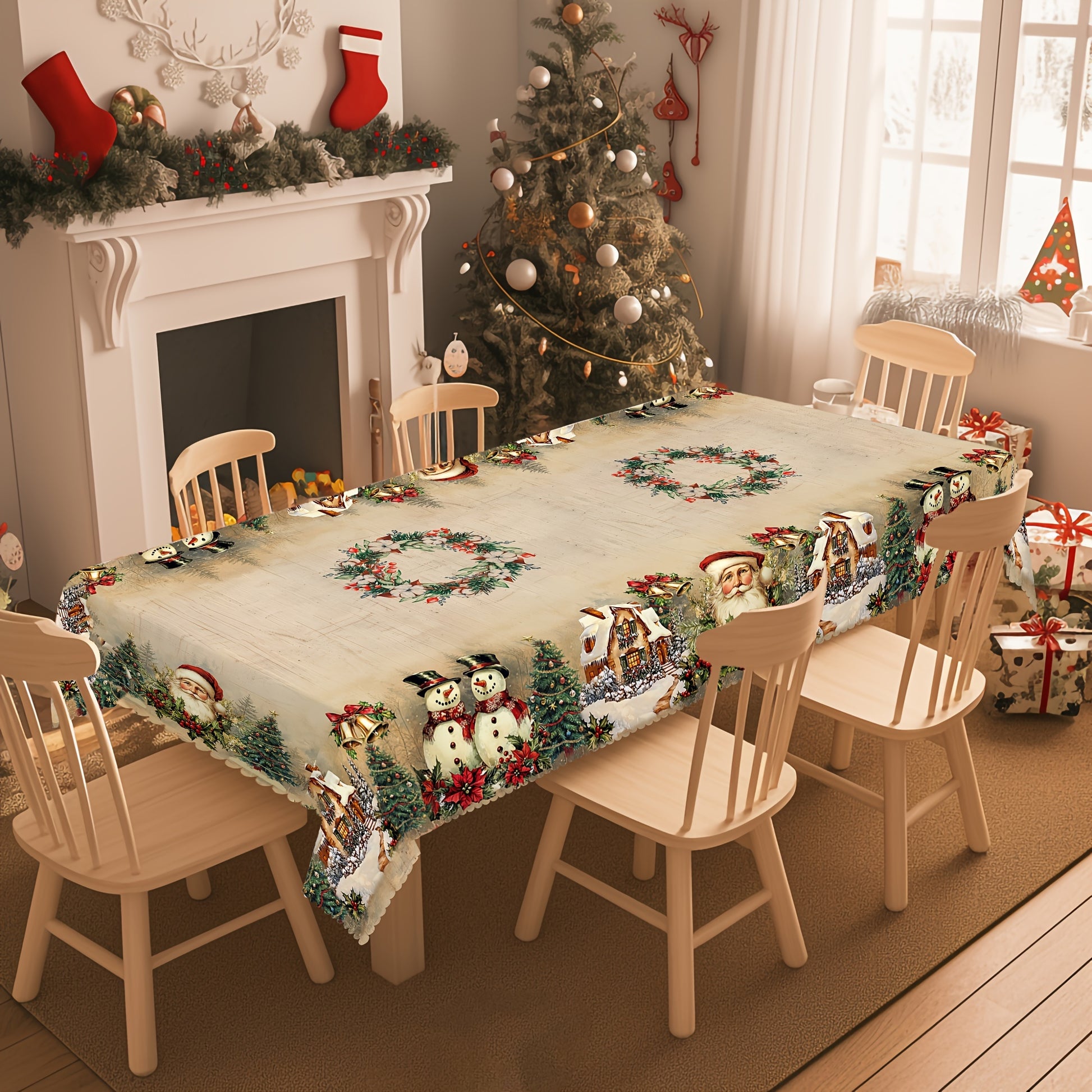 Nappe en polyester, motif bois rétro, thème Noël avec Père Noël et fleurs
