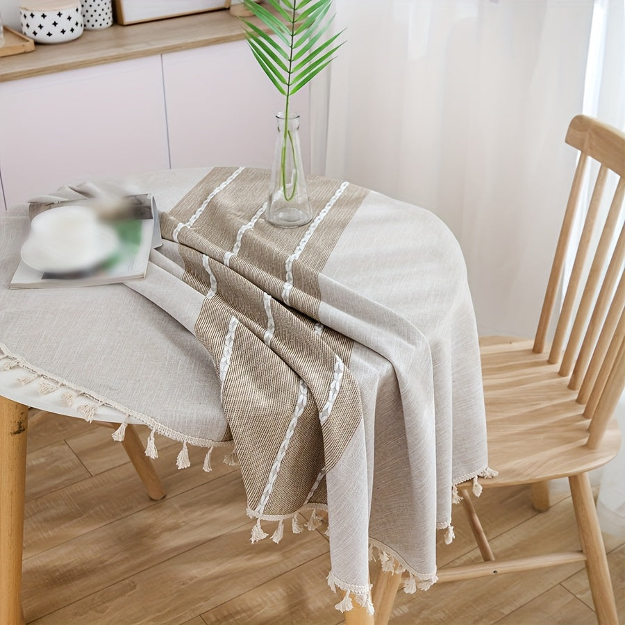 Nappe style japonais – napperon circulaire en polyester rayé marron avec franges, ambiance cocooning