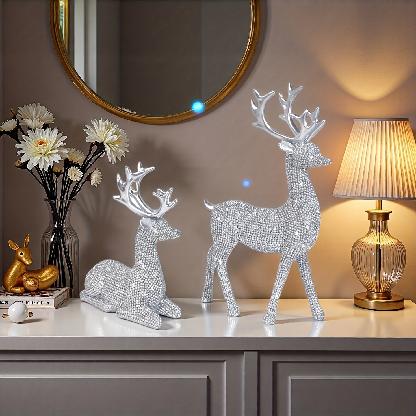 Lot de 2 rennes de Noël scintillants avec perle