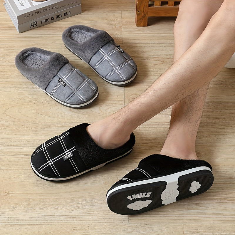 Chaussons pour hommes , classiques à carreaux, ajourés et duveteux, confortables avec semelle thermique antidérapante en caoutchouc, à enfiler pour la chambre, hiver et automne.