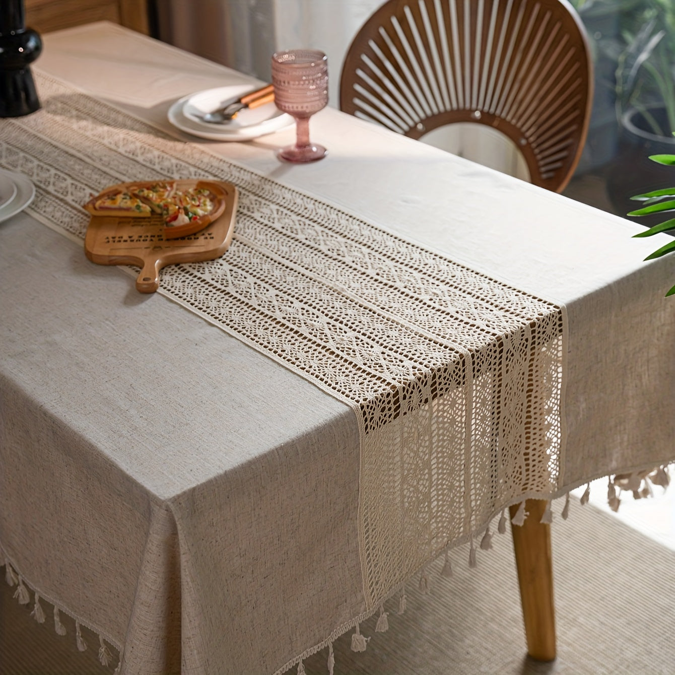 Nappe en lin, nappe bohème purement faite à la main au crochet, nappe rétro en chanvre à empiècement ajouré beige avec franges, adaptée pour table de Noël, pique-nique, décoration anti-poussière, décoration de pièce.