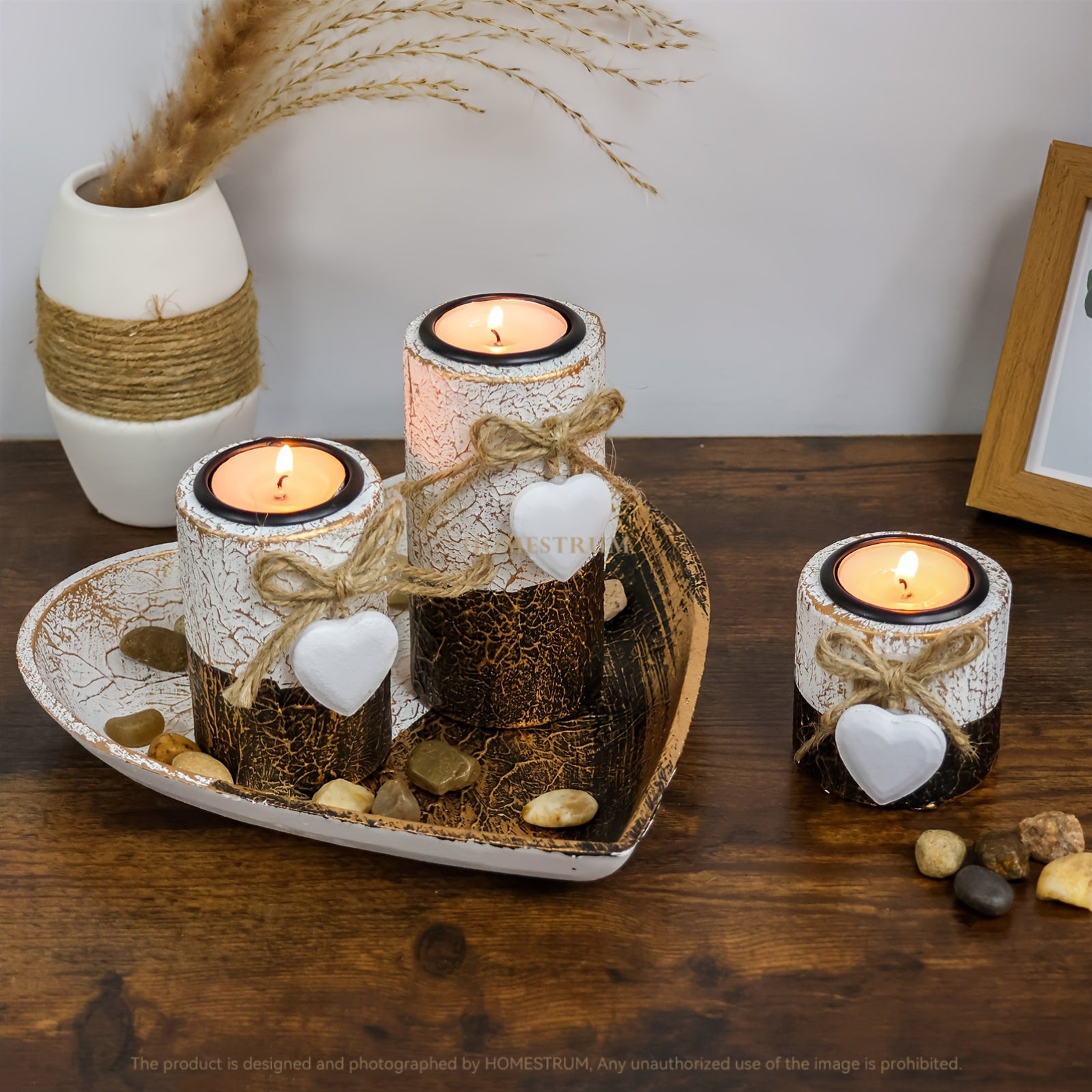 Set de 3 Bougeoirs en Bois Blanc avec Cœur – Support à Bougies , Plateau Décoratif en Forme de Cœur, Cadeau de Noël et Saint-Valentin