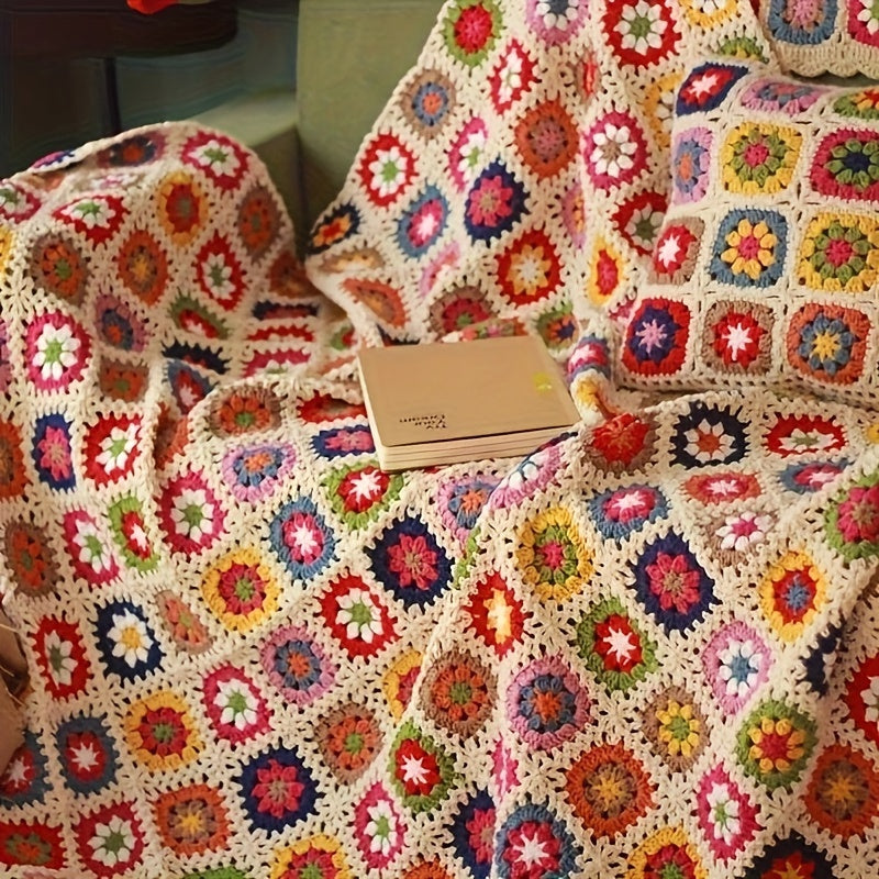 Plaid tricoté à la main motif floral – Jeté crocheté douillet avec design marguerite, parfait comme couverture de canapé ou de lit, confort toutes saisons