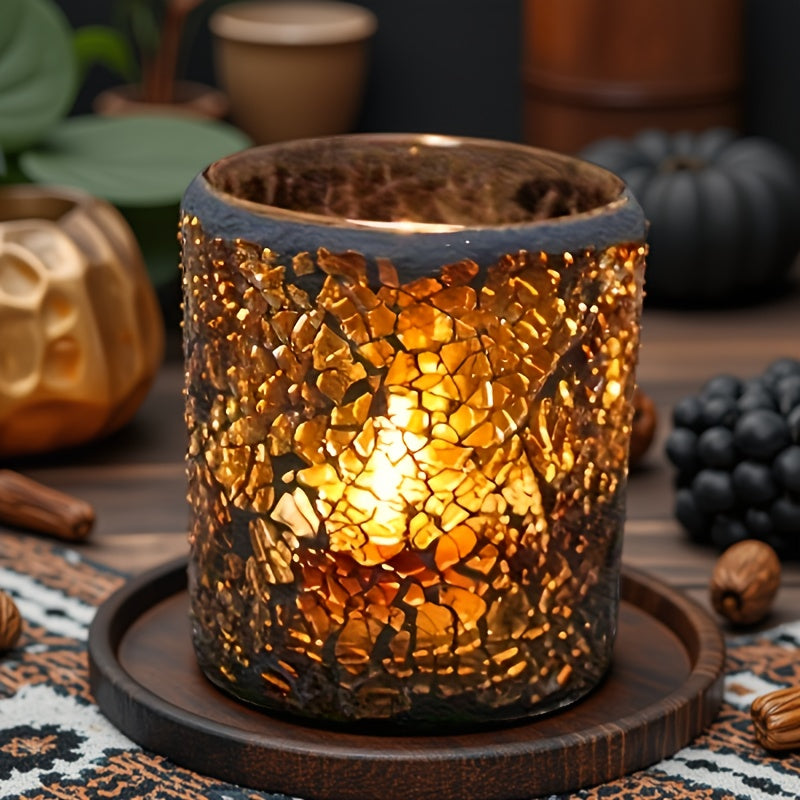 Photophore Élégant en Verre Ambré, Design Mosaïque sur Pied – Idéal pour une Déco Romantique, Dîners aux Chandelles et Cadeaux Festifs