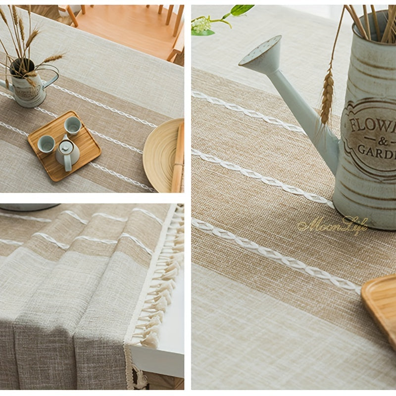 Nappe lavable résistante aux taches 1 pièce, nappe décorative en lin à franges, protège de la poussière﻿mp Splicing Vintage Hollow Beige Tassel Tablecloth For Picnic, Kitchen Decor, Room Decor, Camping, Wedding, Birthday Party