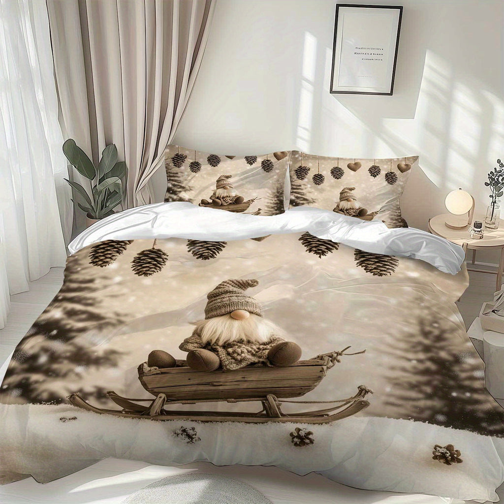 Parure de lit 2/3 pièces avec motif de gnome d’hiver sur luge