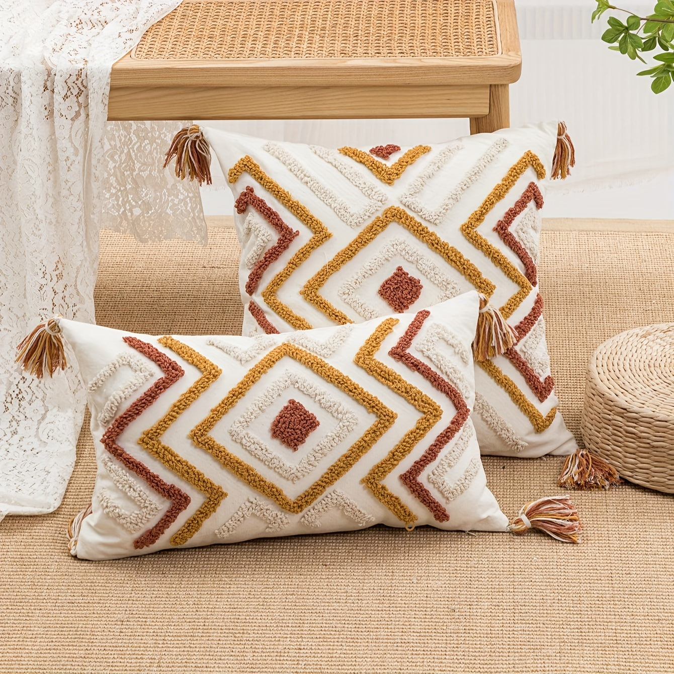 Housse de coussin carrée géométrique, style bohème, confectionnée en velours à boucles avec broderie imprimée. Housse de coussin décorative idéale pour la décoration de la maison : chambre, salon ou canapé.