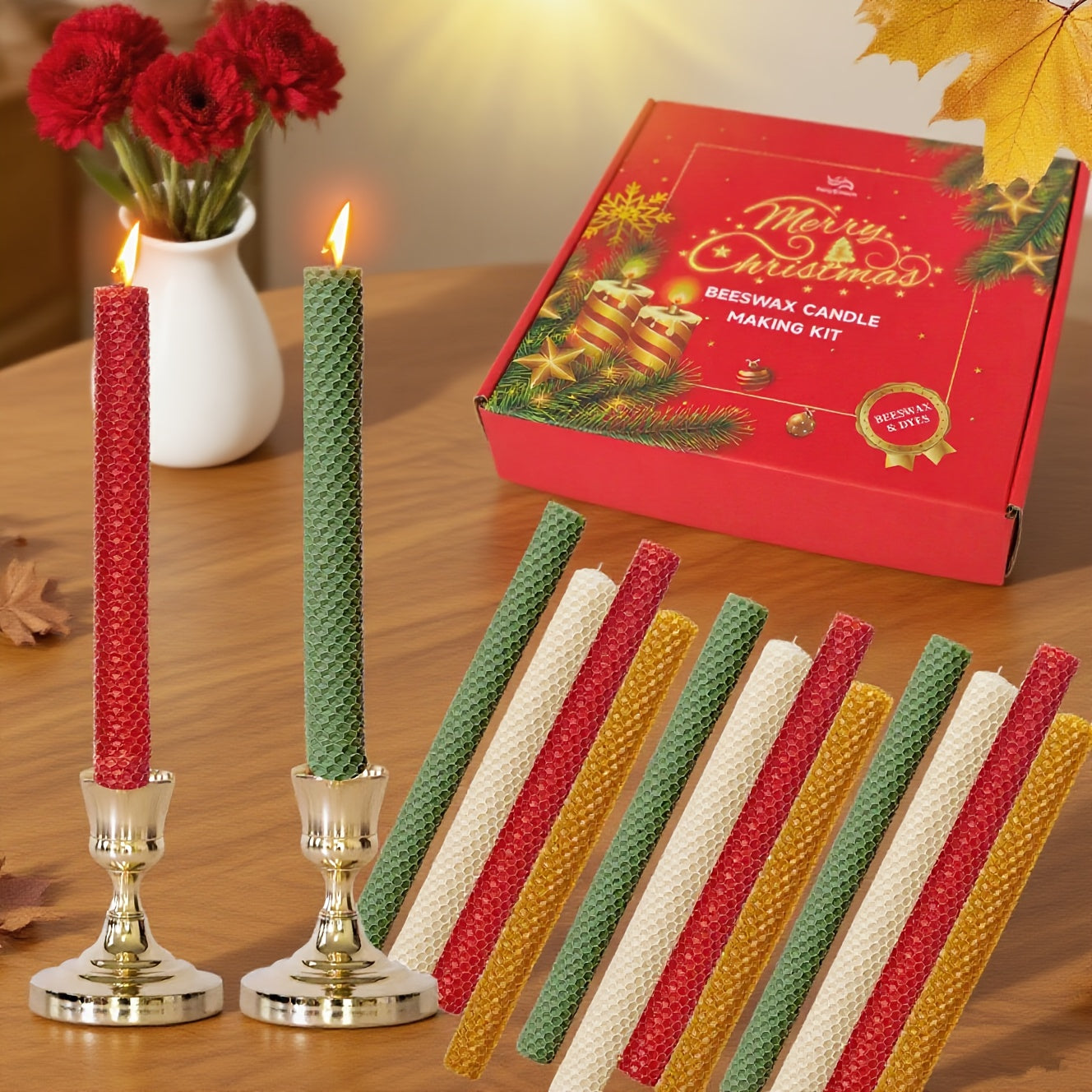 Ensemble de 20 bougies artisanales en cire d’abeille avec texture en nid d’abeille . Bougies effilées élégantes . Combustion propre et longue durée.