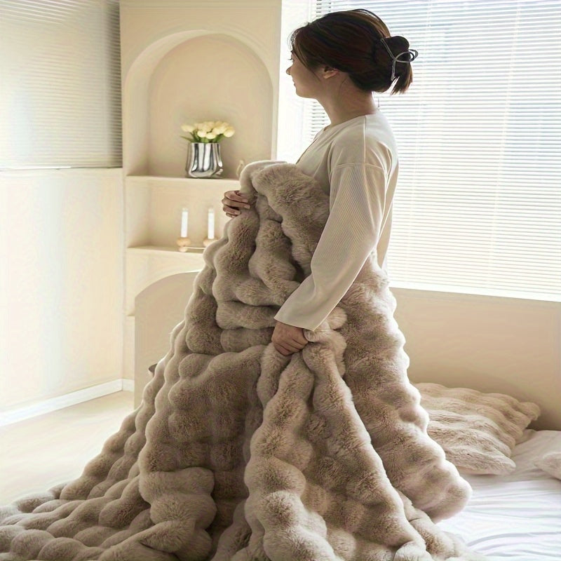 Couverture en peluche ultra-douce – épaisse, réversible en polaire à bulles pour voyage, canapé, lit et décoration intérieure – lavable en machine, confort toutes saisons, en blanc