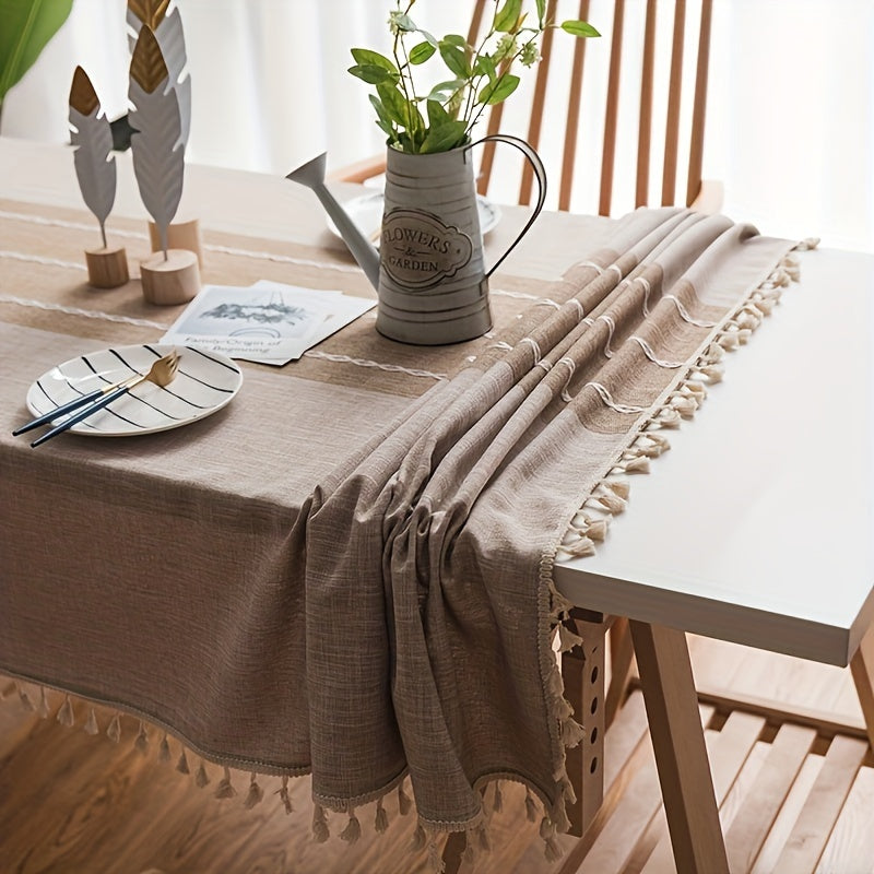 Nappe carrée Cottage 1 pièce, en coton-lin, style campagne américaine avec couture, franges beige bohème, adaptée pour cuisine, salle à manger, pique-nique, buffet, dîner de fête, soirée, banquet, restaurant, mariage, nappage pour plats occidentaux.