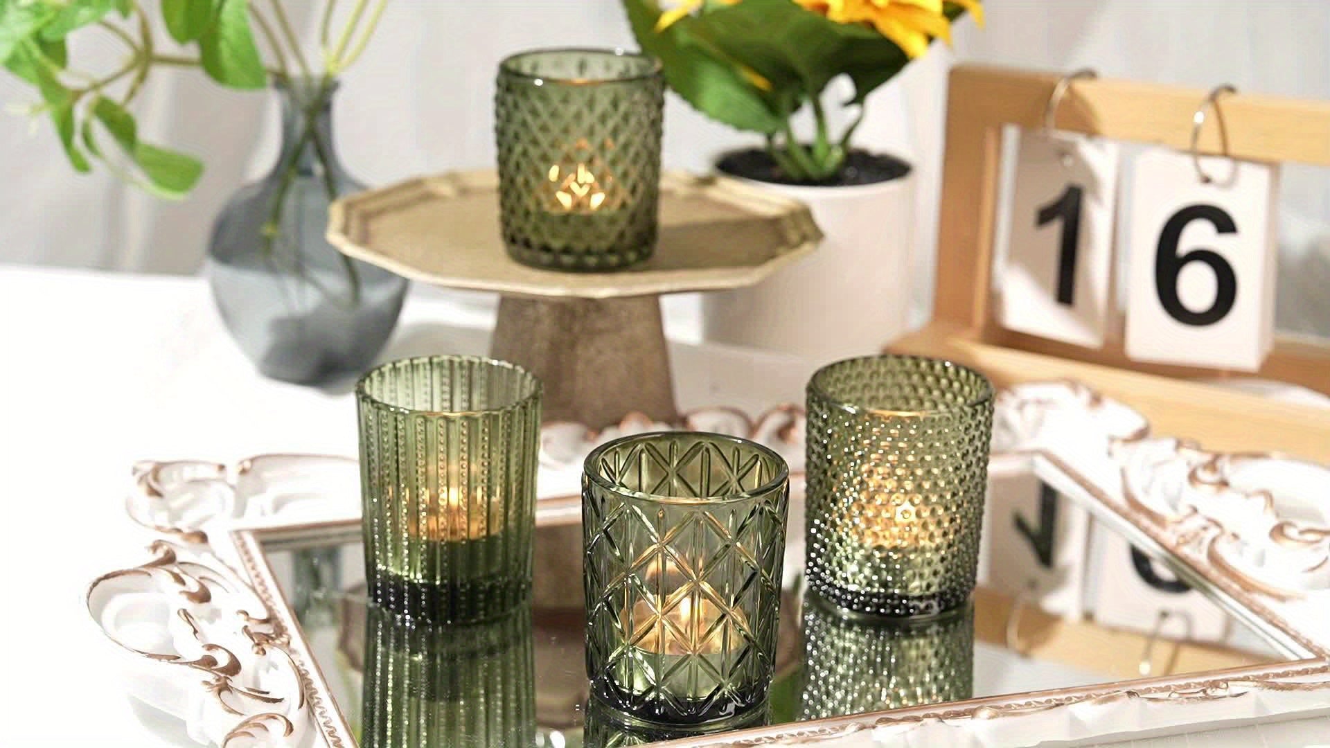 Photophores en verre bohémien avec finition verte brillante – Verre et bordure peinte en noir pour bougies , centres de table.