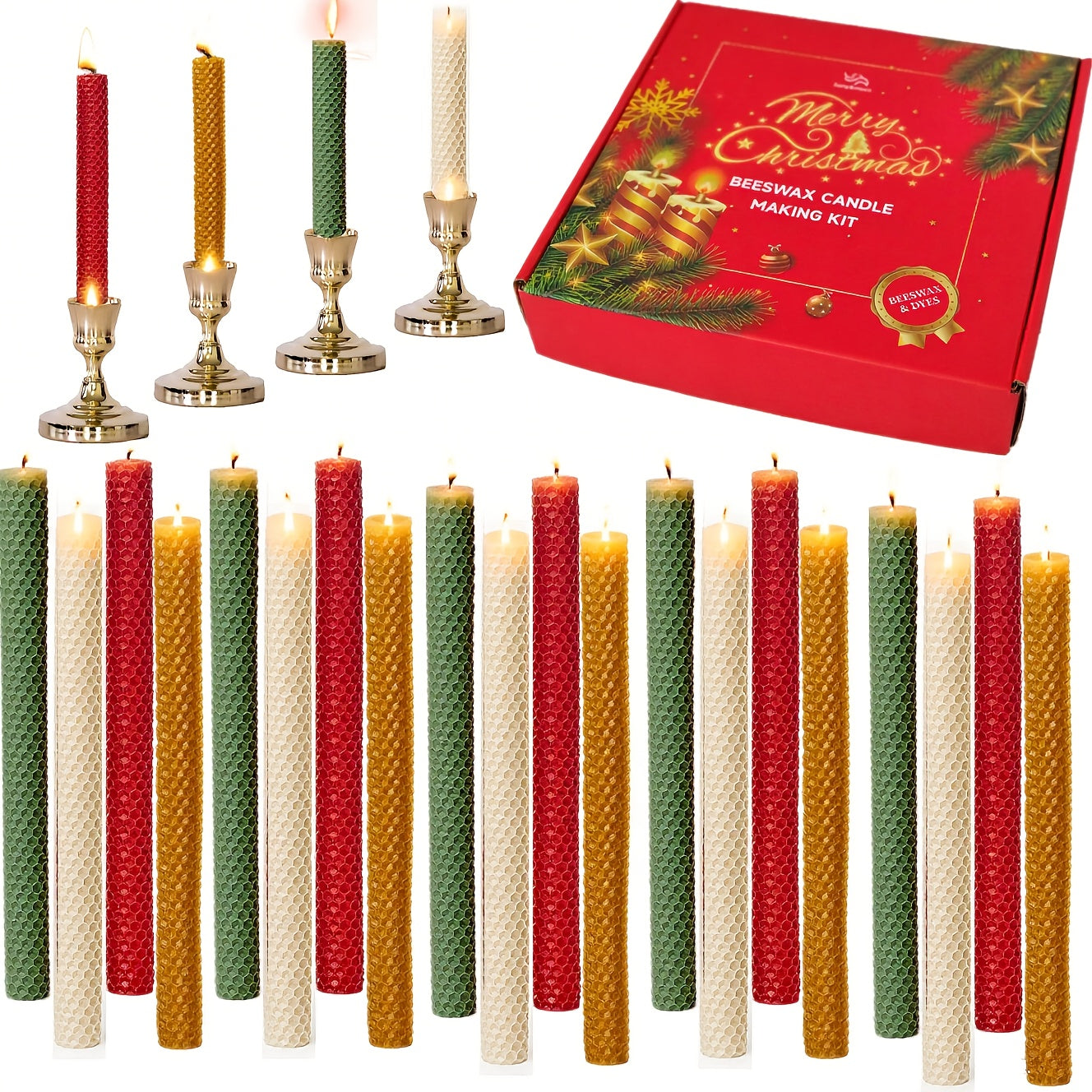 Ensemble de 20 bougies artisanales en cire d’abeille avec texture en nid d’abeille . Bougies effilées élégantes . Combustion propre et longue durée.