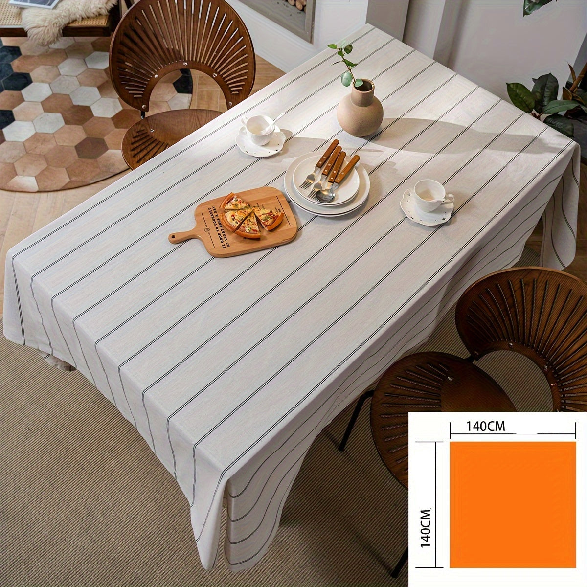 Nappe à rayures - Inspirée du style vintage avec rayures verticales beige et blanc, tissu rectangulaire avec bord décoratif, décoration de salle à manger ou cuisine, décoration de table à manger