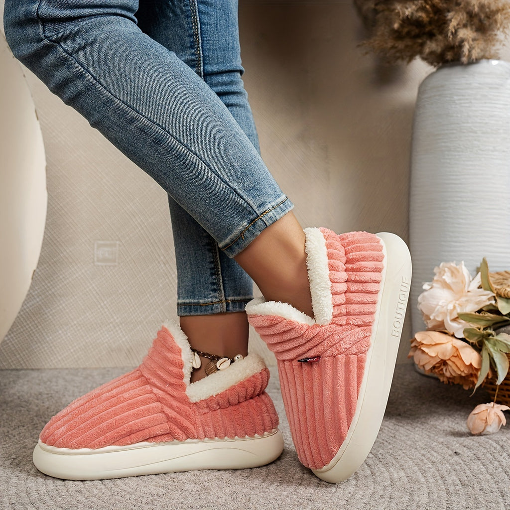 Pantoufles en polaire pour femme, couleur unie, confortables, antidérapantes, chaudes, en peluche, semelle épaisse pour intérieur/extérieur, bottines pour la maison, intérieure en tissu, semelle en TPR, lavables à la main.