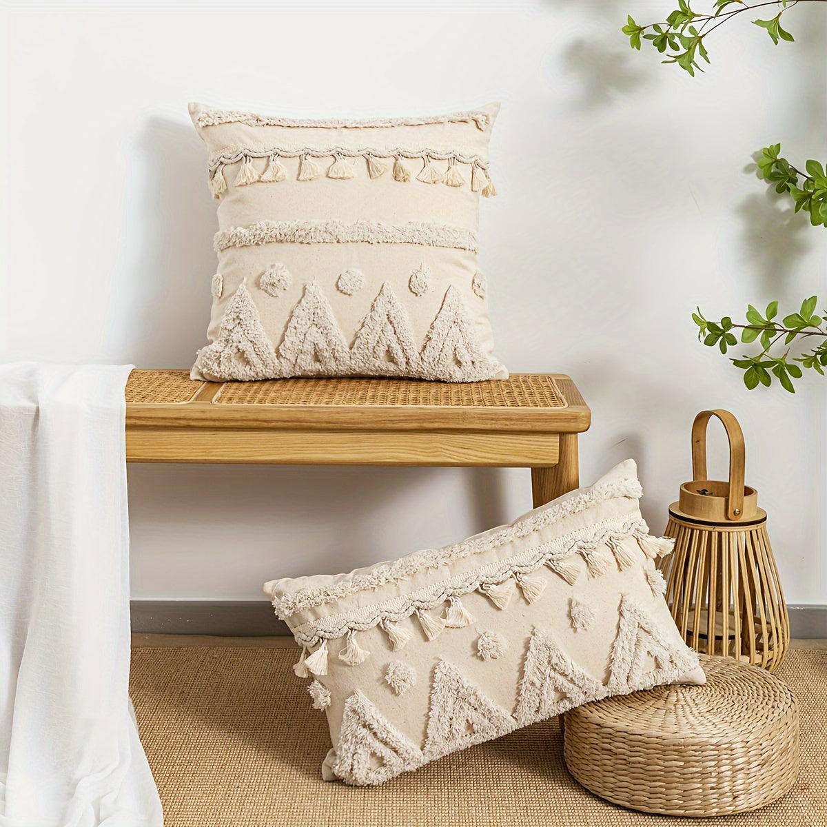 Housses de coussins décoratives en corde au style bohème rétro, conçues avec une technologie de tuftage. Parfaites pour le canapé, la chambre ou le salon.