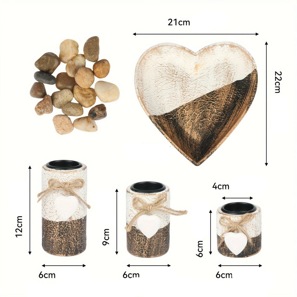 Set de 3 Bougeoirs en Bois Blanc avec Cœur – Support à Bougies , Plateau Décoratif en Forme de Cœur, Cadeau de Noël et Saint-Valentin