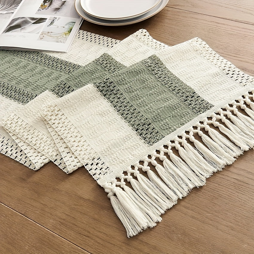 1pc chemin de table style macramé avec couture bicolore, couleur vert/Bleu, chemin de table bohème , décoration tissée de style ferme pour restaurant.