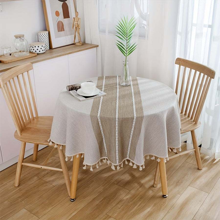 Nappe style japonais – napperon circulaire en polyester rayé marron avec franges, ambiance cocooning