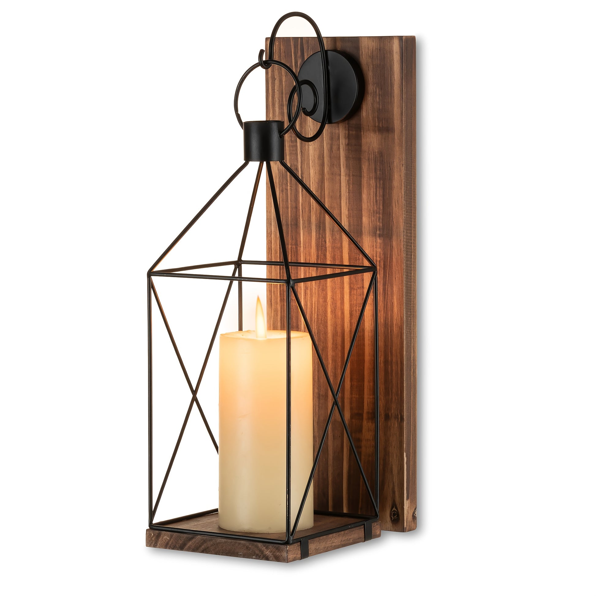 Applique murale rustique en bois avec lanterne métallique de 34,04 cm, décoration de maison style ferme, finition laquée marron, fixation murale, polyvalente pour intérieur et extérieur.