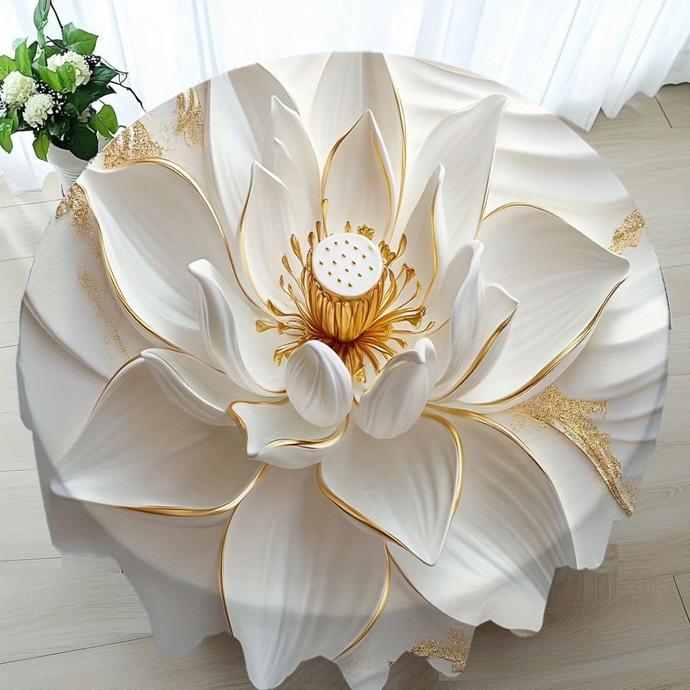 Nappe ronde élégante blanche et dorée avec motif lotus en relief 3D – 152,4 cm, en polyester, fabrication mécanique, nappe décorative pour la maison, la cuisine et la décoration extérieure . Mise de table élégante