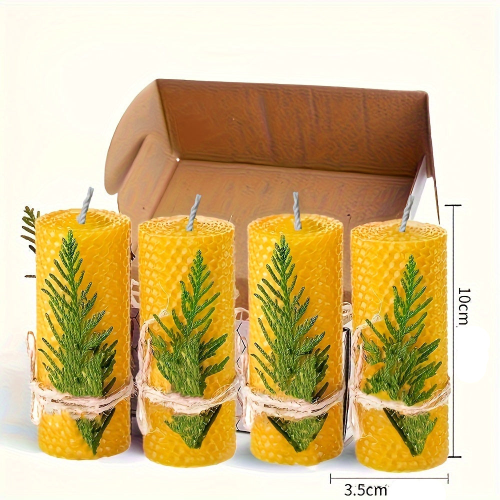 Lot de 4 bougies en cire d'abeille Violet / Bleu / Rouge / Jaune dans une boîte cadeau – Bougies ovales à une mèche, parfum miel avec fleurs séchées et pour une douce lumière nocturne, avec support à bougie inclus.