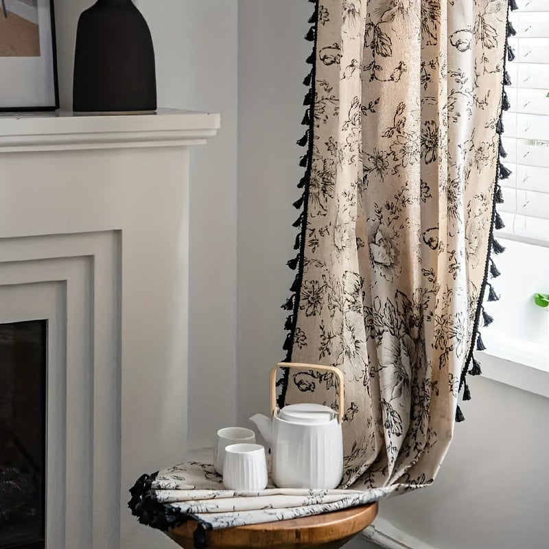 Panneau de Rideau à Poche pour Tringle de Style Victorien avec Imprimé Rose & Lin