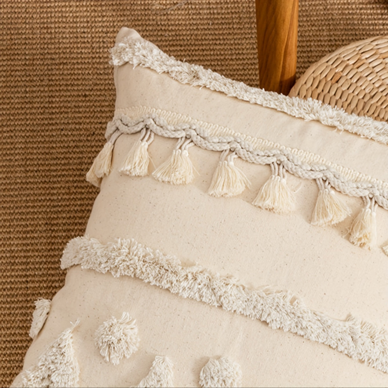 Housses de coussins décoratives en corde au style bohème rétro, conçues avec une technologie de tuftage. Parfaites pour le canapé, la chambre ou le salon.