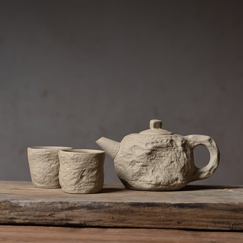 Théière artisanal en argile naturelle + 2 tasses