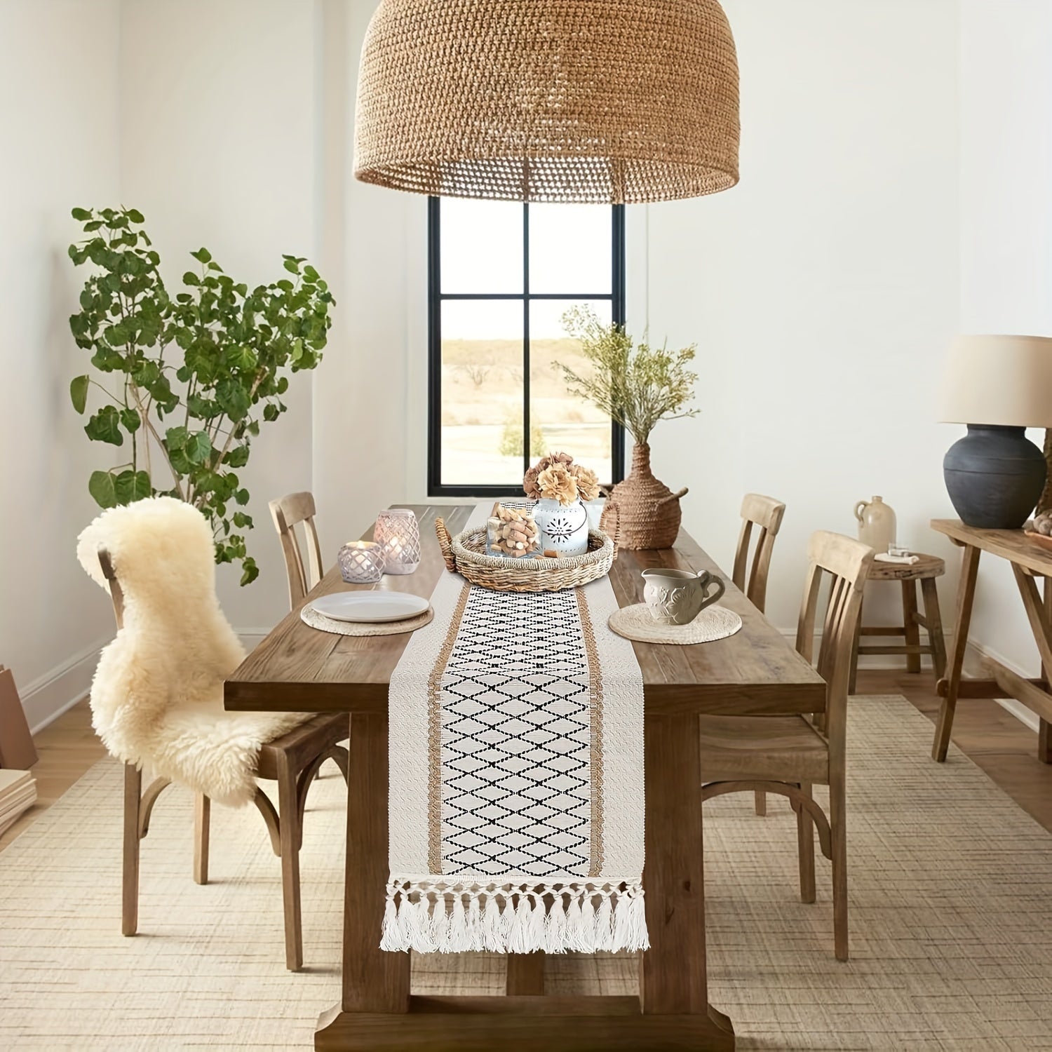 Chemin de table bohème tissé à la main en macramé style ferme