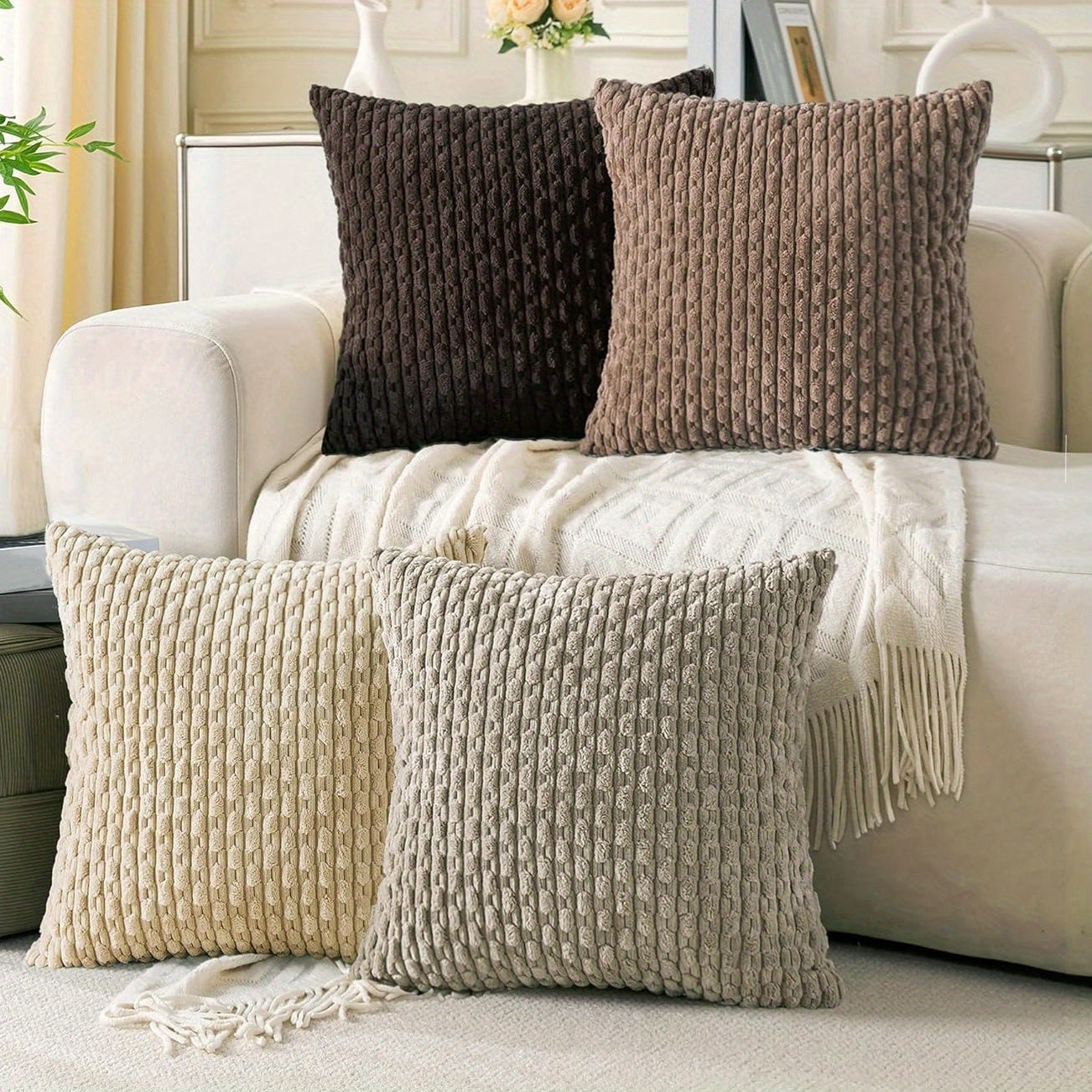 4 housses de coussin en peluche rayées – Style bohème chic et maison de campagne, doux polyester, fermeture éclair, lavables en machine – Idéales pour la décoration du canapé