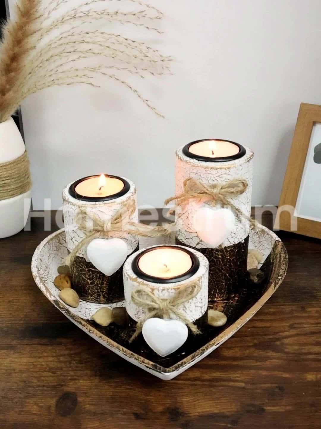 Set de 3 Bougeoirs en Bois Blanc avec Cœur – Support à Bougies , Plateau Décoratif en Forme de Cœur, Cadeau de Noël et Saint-Valentin