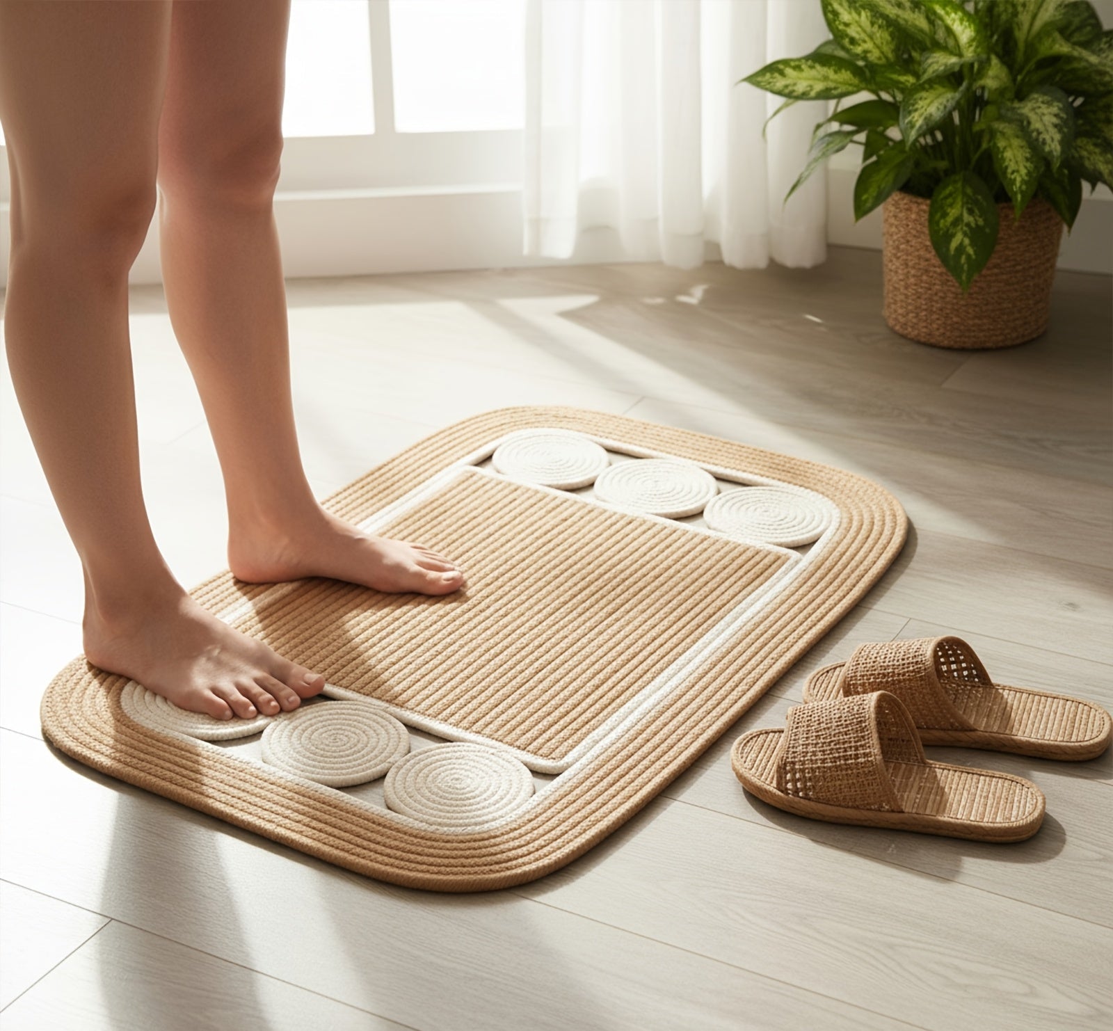 Ensemble de Tapis de Sol en Lin Tissé Main Style Bohème - Antidérapant et Lavable