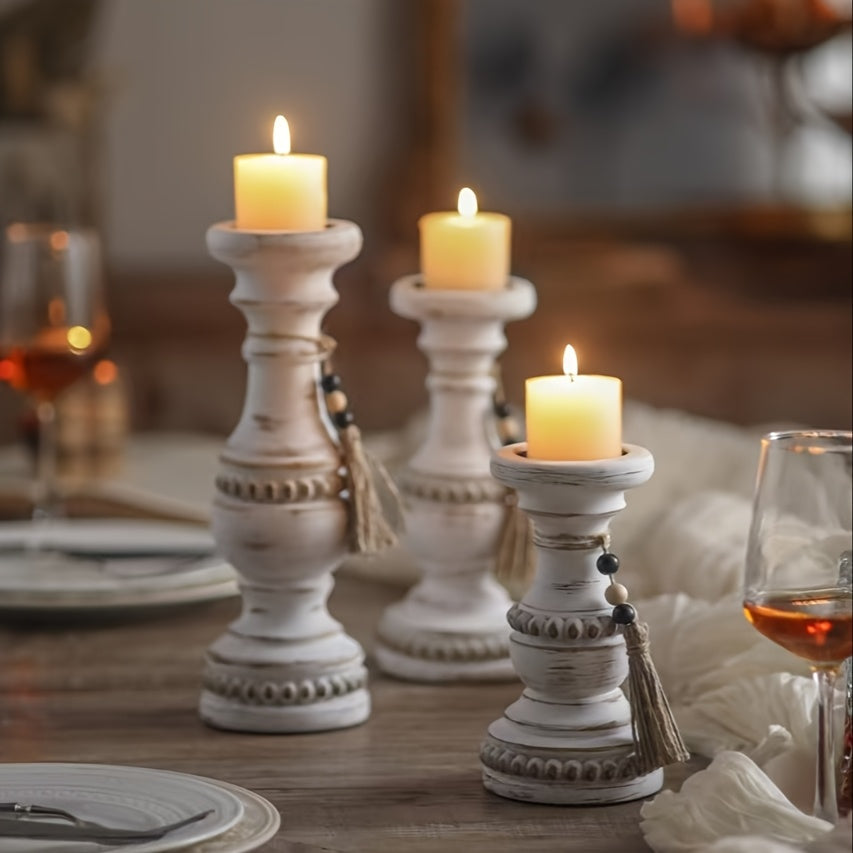 Bougeoirs en bois pour bougies piliers – Lot de 3 chandeliers rustiques farmhouse