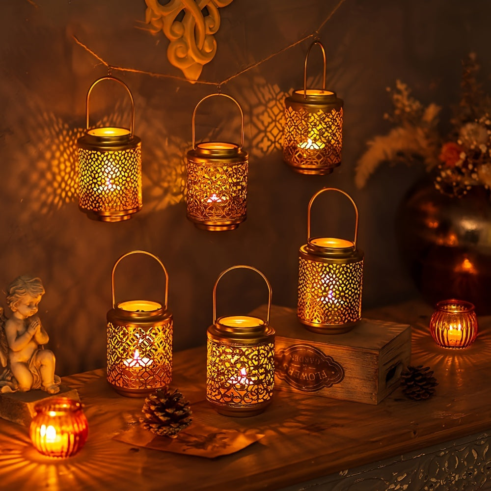 Lanternes décoratives dorées pour bougies , en métal suspendu, petites lanternes vintage. Idéales comme centres de table pour Noël, mariage ou fête. Peut servir de chandelier, candélabre ou suspension dorée élégante.