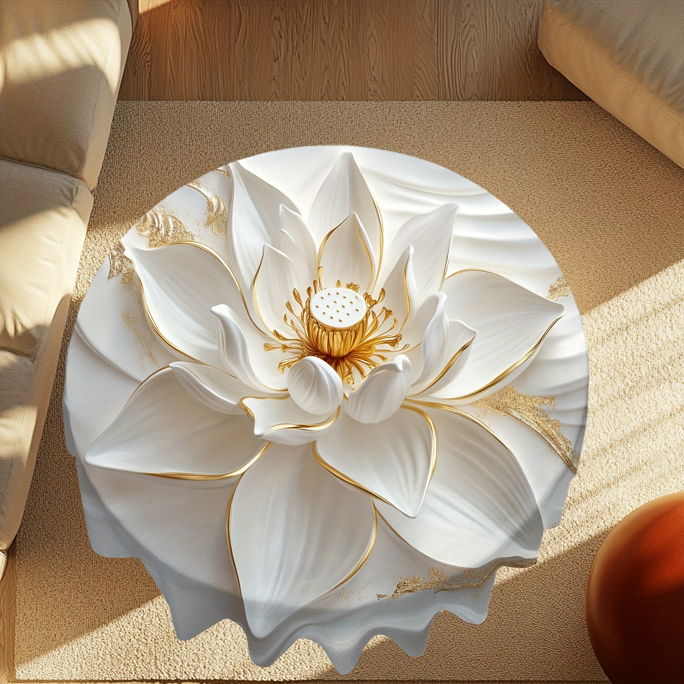 Nappe ronde élégante blanche et dorée avec motif lotus en relief 3D – 152,4 cm, en polyester, fabrication mécanique, nappe décorative pour la maison, la cuisine et la décoration extérieure . Mise de table élégante
