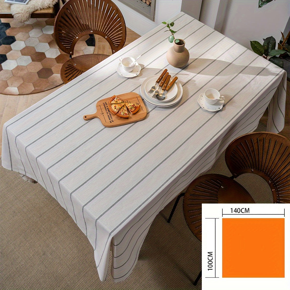 Nappe à rayures - Inspirée du style vintage avec rayures verticales beige et blanc, tissu rectangulaire avec bord décoratif, décoration de salle à manger ou cuisine, décoration de table à manger