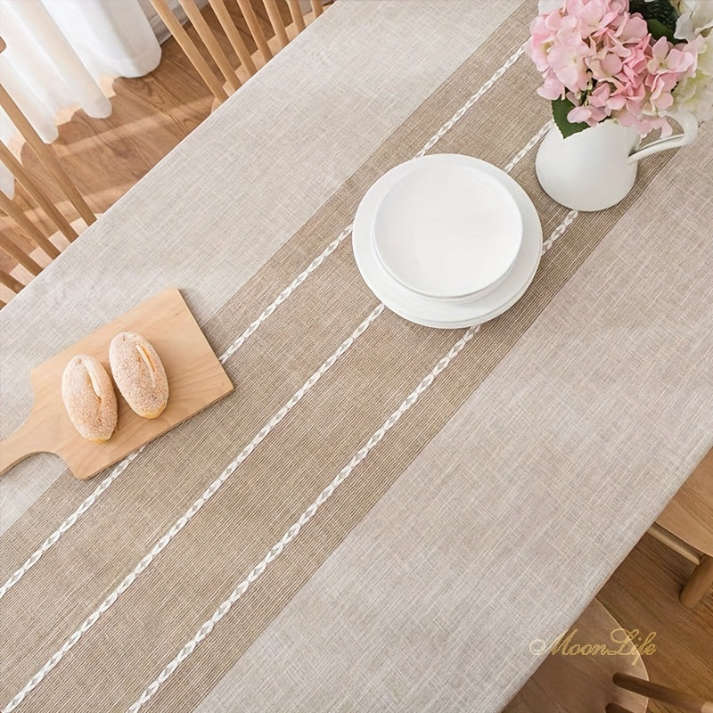 Nappe lavable résistante aux taches 1 pièce, nappe décorative en lin à franges, protège de la poussière﻿mp Splicing Vintage Hollow Beige Tassel Tablecloth For Picnic, Kitchen Decor, Room Decor, Camping, Wedding, Birthday Party