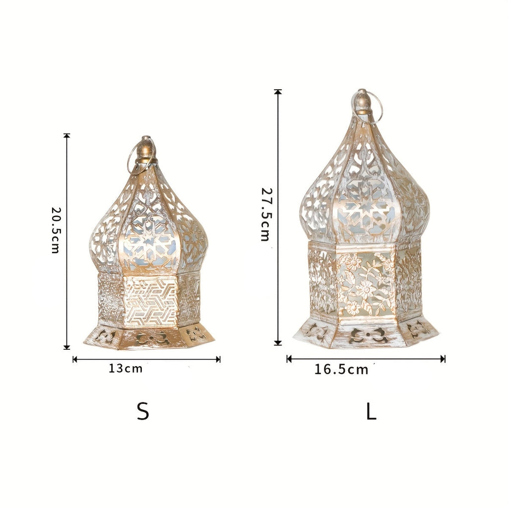 Lanterne décorative élégante blanche à bords dorés – motifs floraux délicats, base en fer robuste, idéale pour les mariages, Noël et la décoration intérieure – Bougie non incluse, porte-bougie.