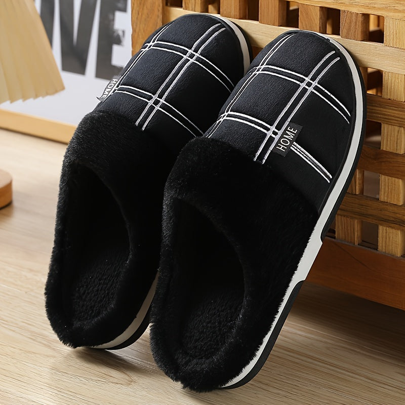 Chaussons pour hommes , classiques à carreaux, ajourés et duveteux, confortables avec semelle thermique antidérapante en caoutchouc, à enfiler pour la chambre, hiver et automne.