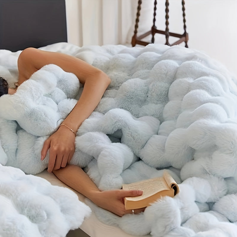 Couverture en peluche ultra-douce – épaisse, réversible en polaire à bulles pour voyage, canapé, lit et décoration intérieure – lavable en machine, confort toutes saisons, en blanc