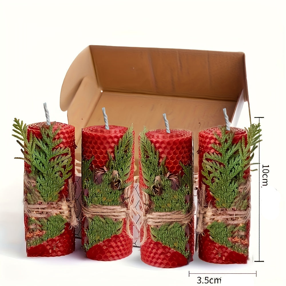 Lot de 4 bougies en cire d'abeille Violet / Bleu / Rouge / Jaune dans une boîte cadeau – Bougies ovales à une mèche, parfum miel avec fleurs séchées et pour une douce lumière nocturne, avec support à bougie inclus.