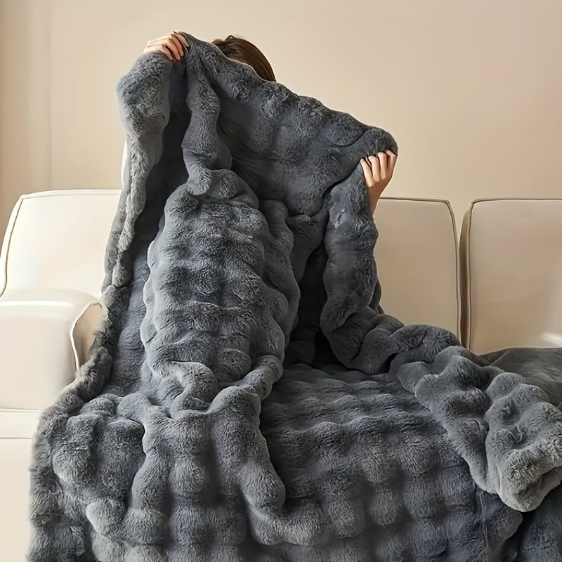 Couverture en peluche ultra-douce – épaisse, réversible en polaire à bulles pour voyage, canapé, lit et décoration intérieure – lavable en machine, confort toutes saisons, en blanc