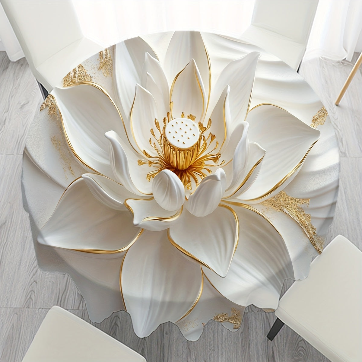 Nappe ronde élégante blanche et dorée avec motif lotus en relief 3D – 152,4 cm, en polyester, fabrication mécanique, nappe décorative pour la maison, la cuisine et la décoration extérieure . Mise de table élégante