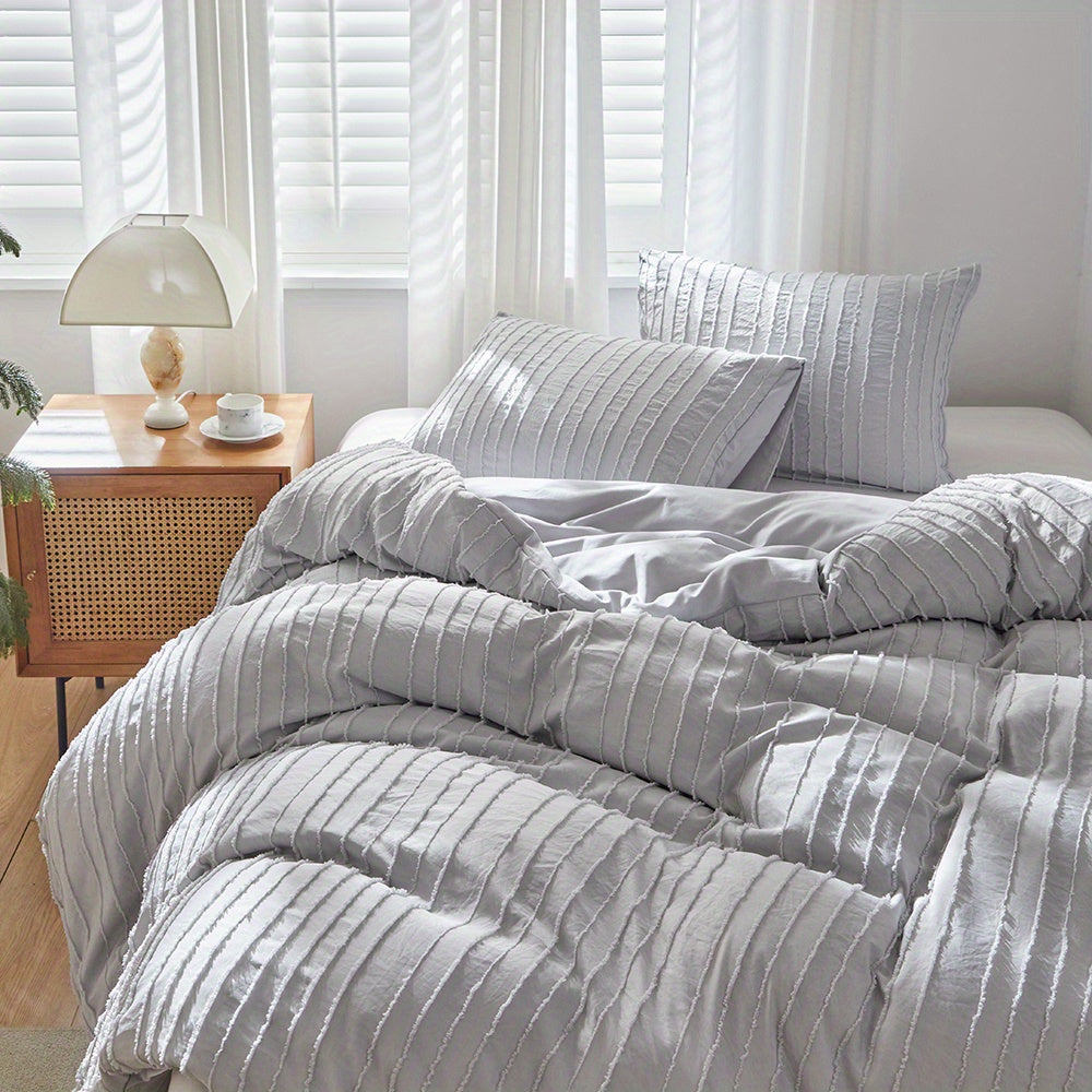 Ensemble de housse de couette rayée unie brodée 2/3 pièces