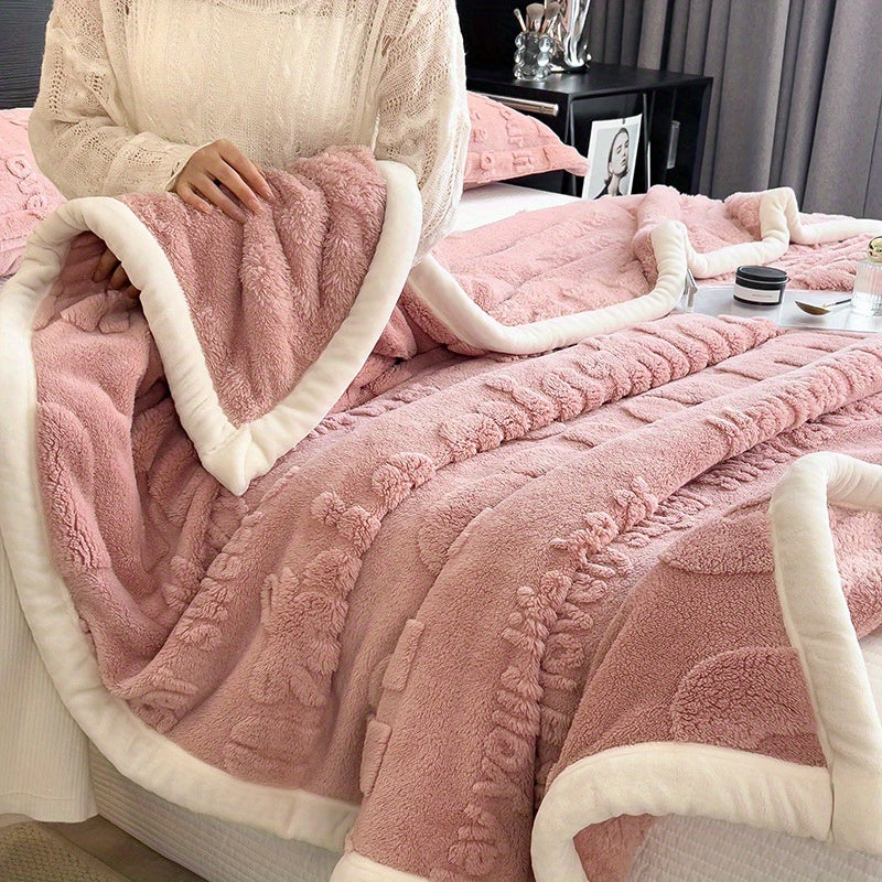 Couverture en peluche polaire hiver - 1 pièce, dessus-de-lit épais en flanelle de velours gaufrée, plaid chaud toutes saisons en polyester, lavable en machine, tissage uni - sans taie d’oreiller
