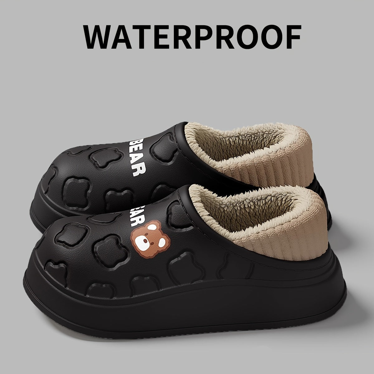 Pantoufles ours imperméables, chaussons à enfiler douillets et chauds avec doublure peluche, usage intérieur et extérieur pour l'hiver