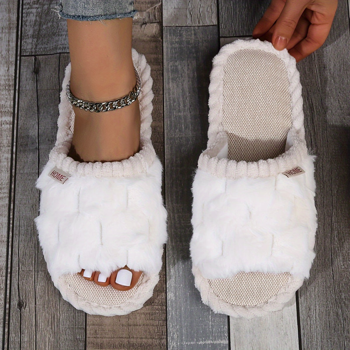 Chaussons d'intérieur à fourrure synthétique bicolore, chaussures décontractées à enfiler, doublées en peluche, confortables pour la maison.