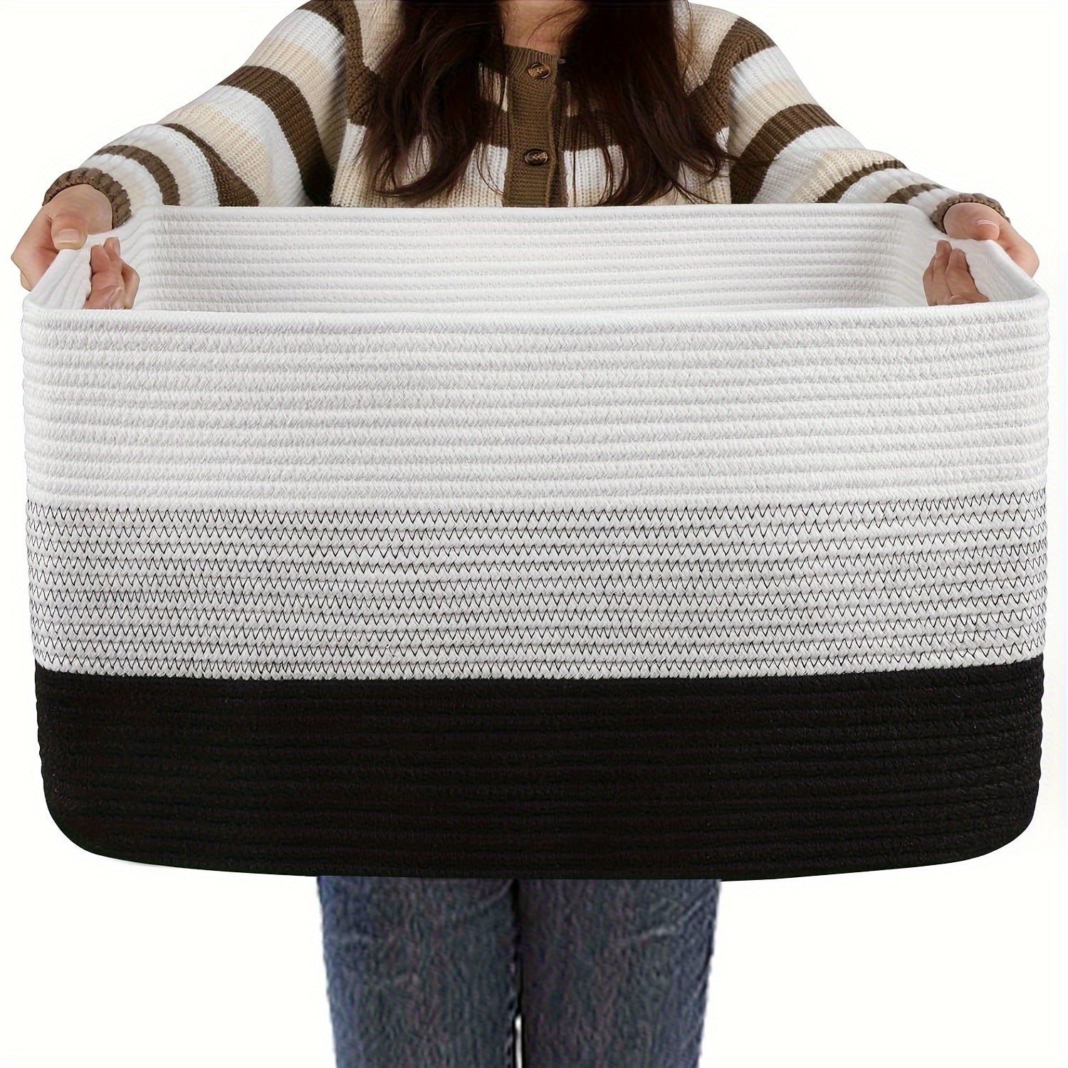 Panier en matériau doux grand format, panier rectangulaire tissé pour rangement, panier à couvertures pour chambre de bébé ou salon, panier à linge avec poignée, grands paniers pour organisation - dimensions 50x38x28 cm - couleur jaune et noir.