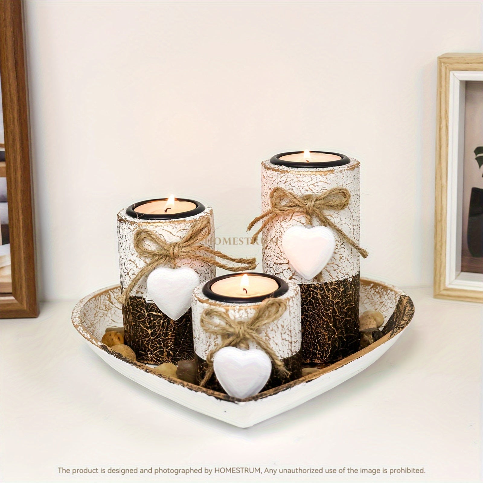 Set de 3 Bougeoirs en Bois Blanc avec Cœur – Support à Bougies , Plateau Décoratif en Forme de Cœur, Cadeau de Noël et Saint-Valentin