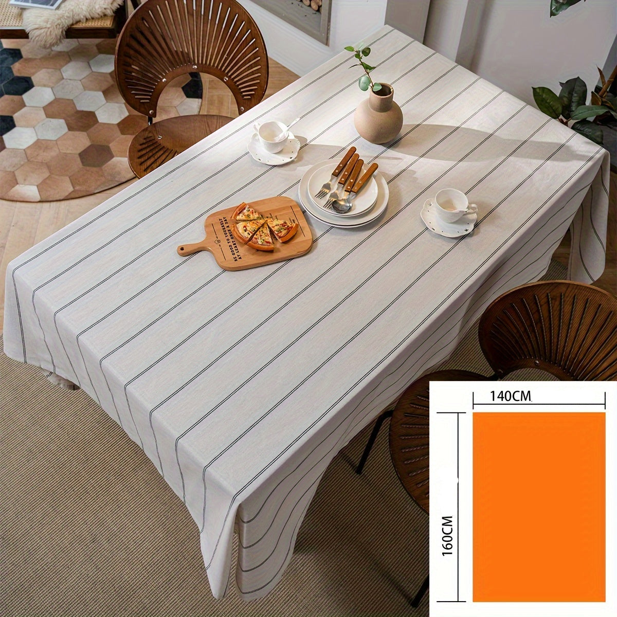 Nappe à rayures - Inspirée du style vintage avec rayures verticales beige et blanc, tissu rectangulaire avec bord décoratif, décoration de salle à manger ou cuisine, décoration de table à manger